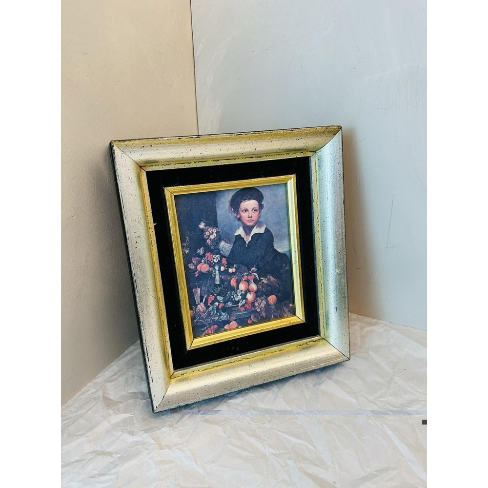 vintage 1970s silver leaf framed 'boy with still life' lithograph 8x7 - Picture 8 of 10